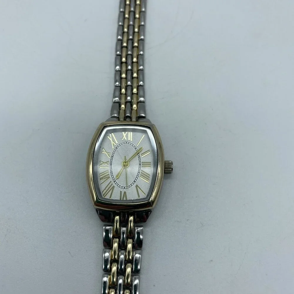 Time & Tru Women's Wristwatch: Two Tone Silver Gold Barrel Case Bracelet Watch